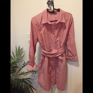 F21 Red and white pinstripe button up dress sz L